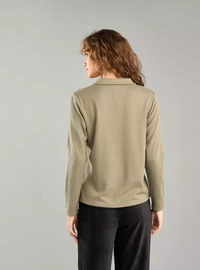 Ribbed Polo Top with Long Sleeves-2