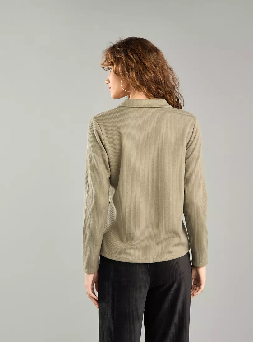 Ribbed Polo Top with Long Sleeves-2