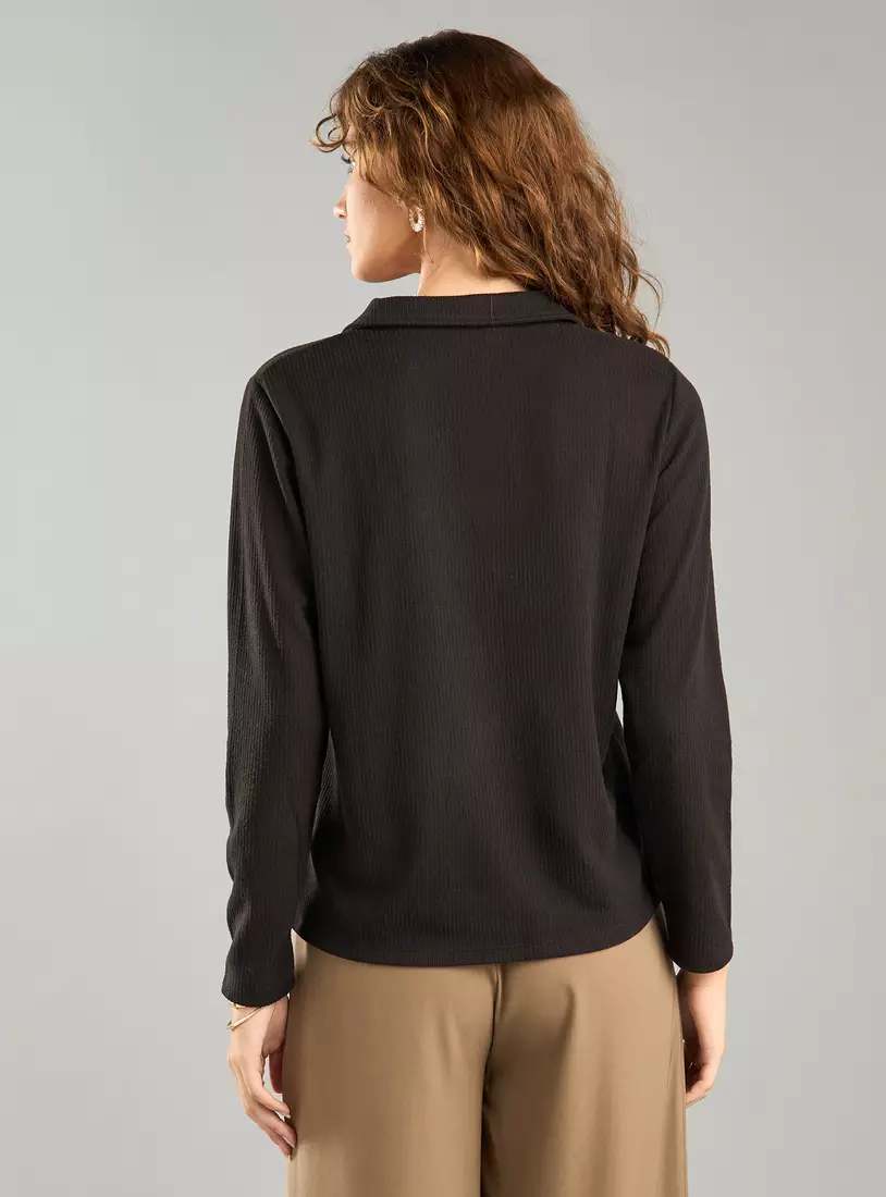 Ribbed Polo Top with Long Sleeves-2