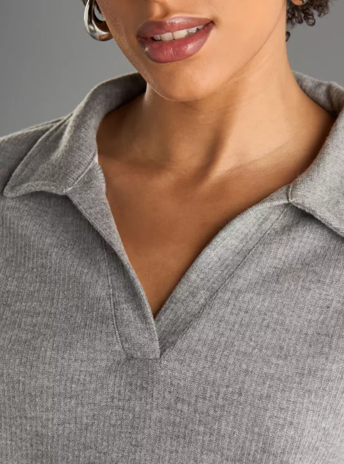 Ribbed Polo Top with Long Sleeves -3