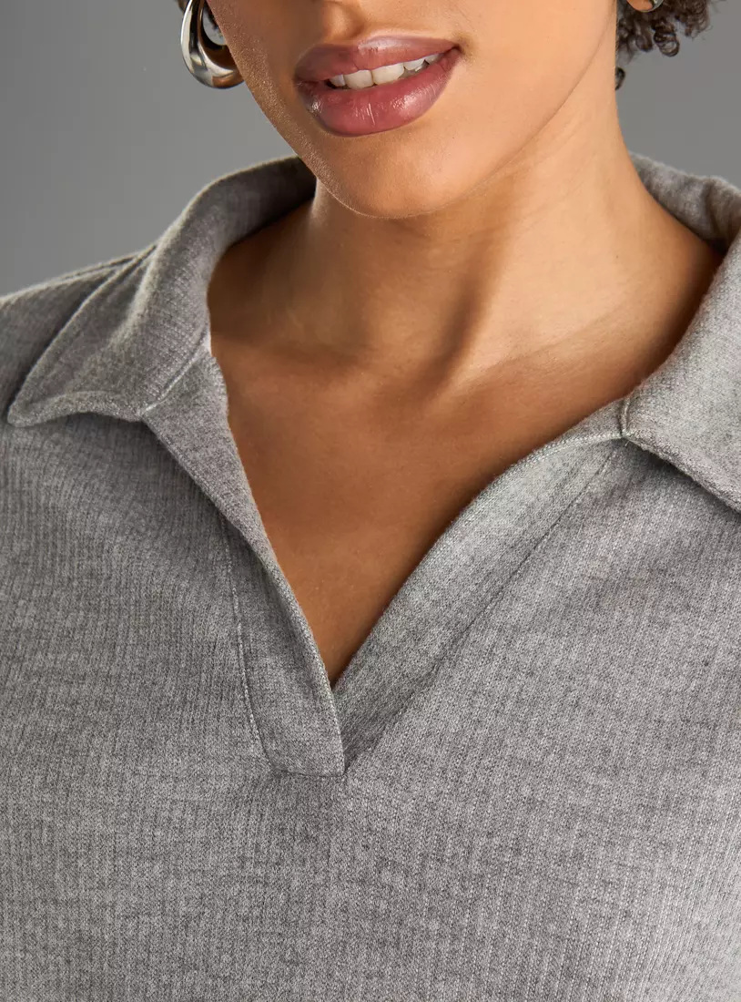 Ribbed Polo Top with Long Sleeves -3