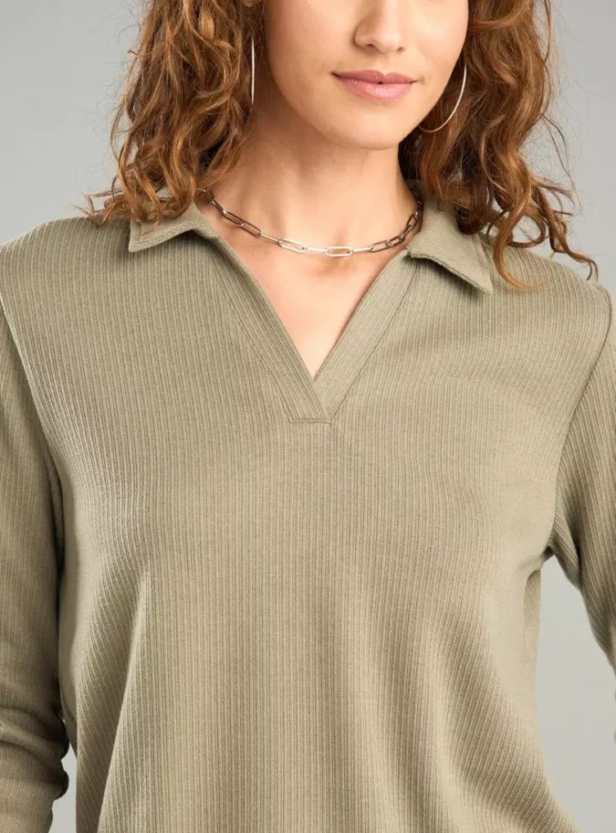 Ribbed Polo Top with Long Sleeves-3