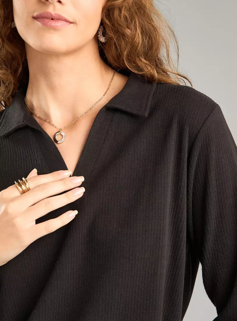 Ribbed Polo Top with Long Sleeves-3
