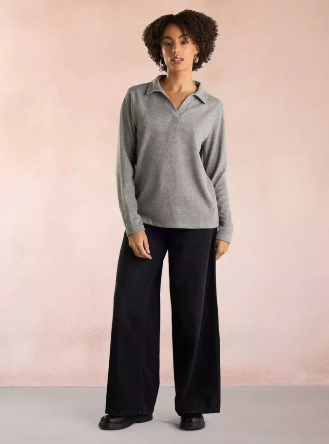 Ribbed Polo Top with Long Sleeves -4