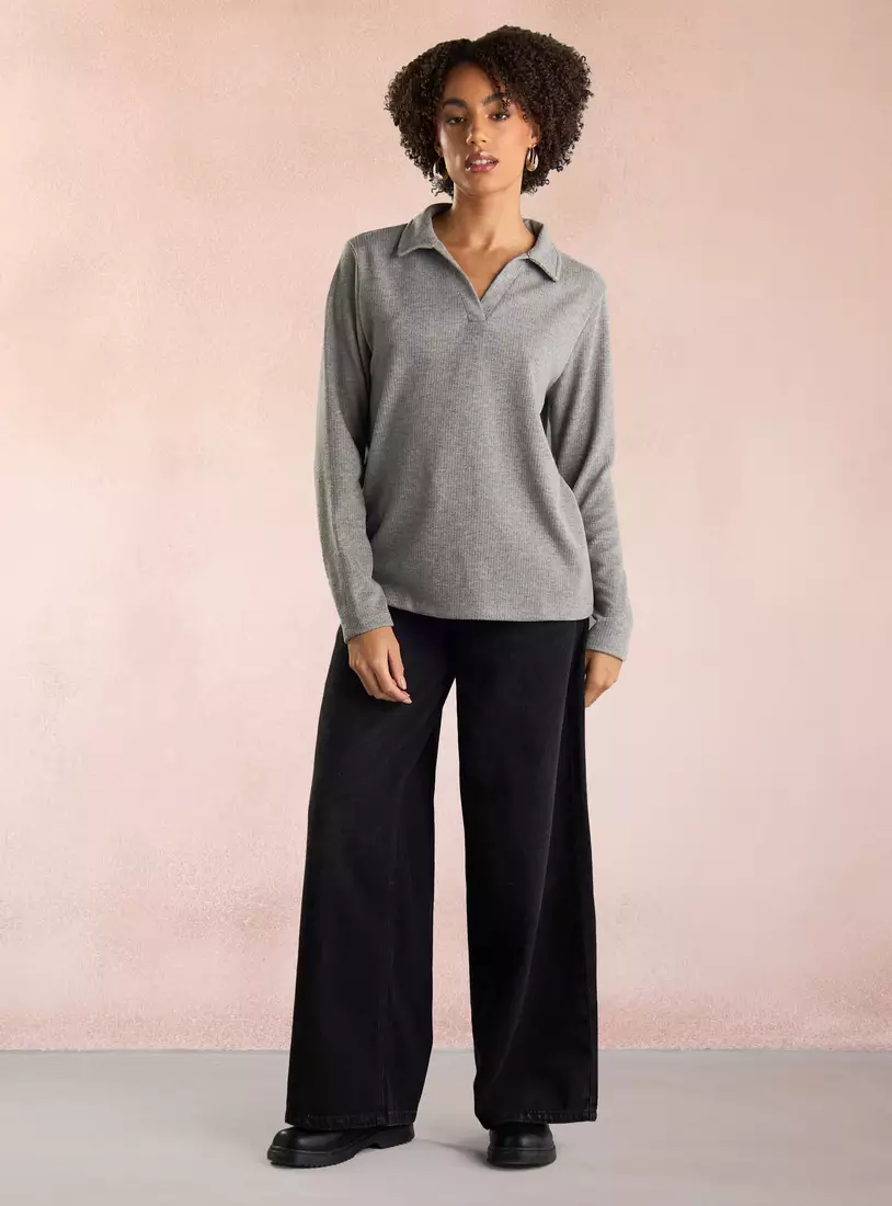 Ribbed Polo Top with Long Sleeves -4