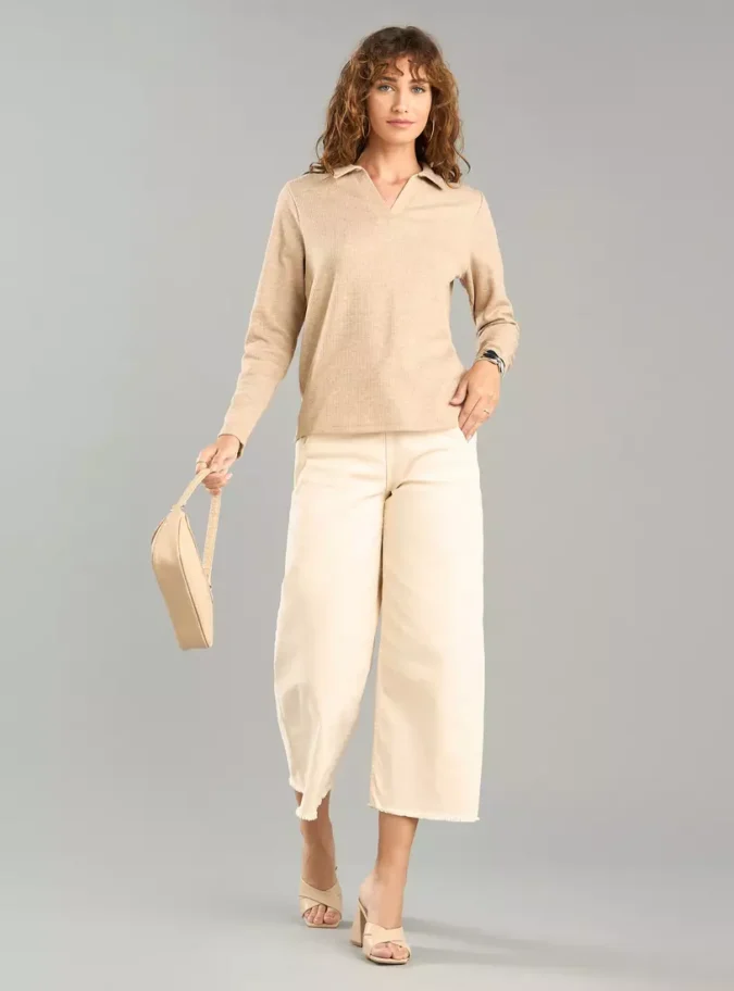 Ribbed Polo Top with Long Sleeves-4