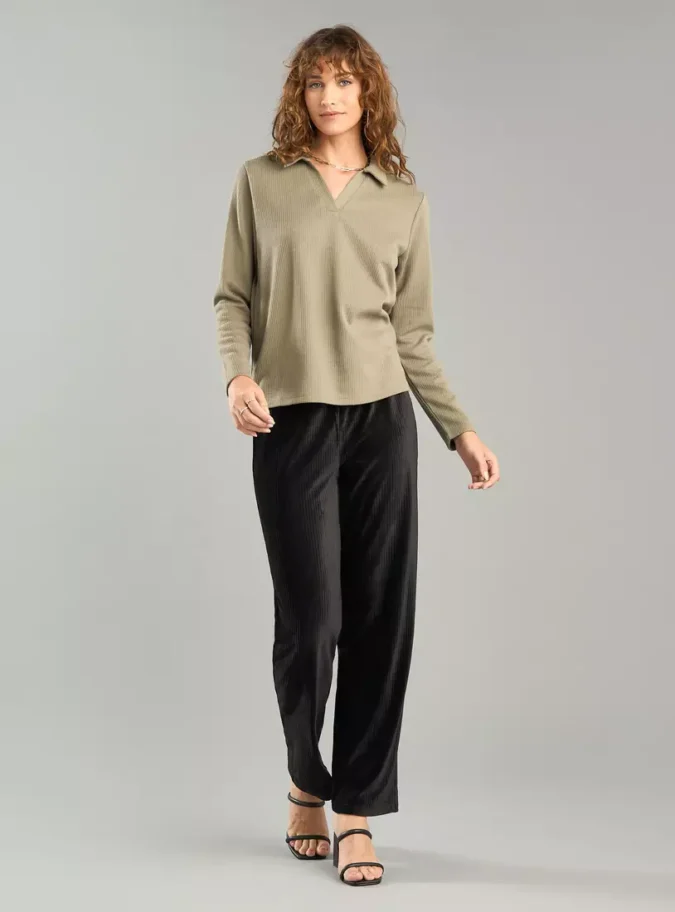 Ribbed Polo Top with Long Sleeves-4