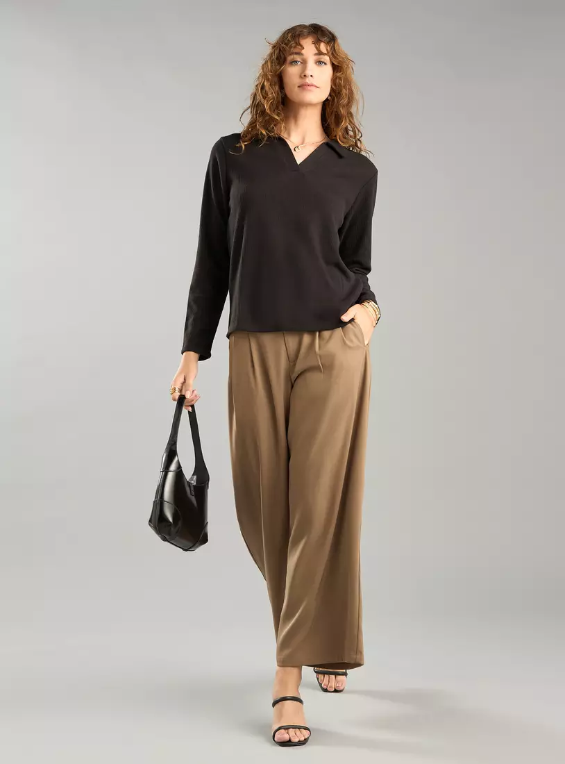 Ribbed Polo Top with Long Sleeves-4