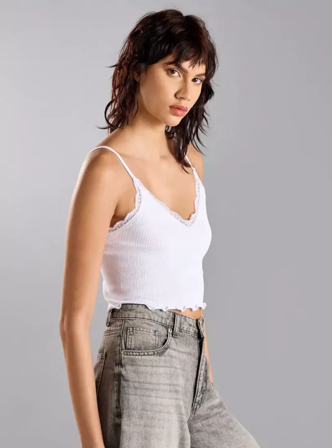 Ribbed Seamless Camisole with Lace Trim-4