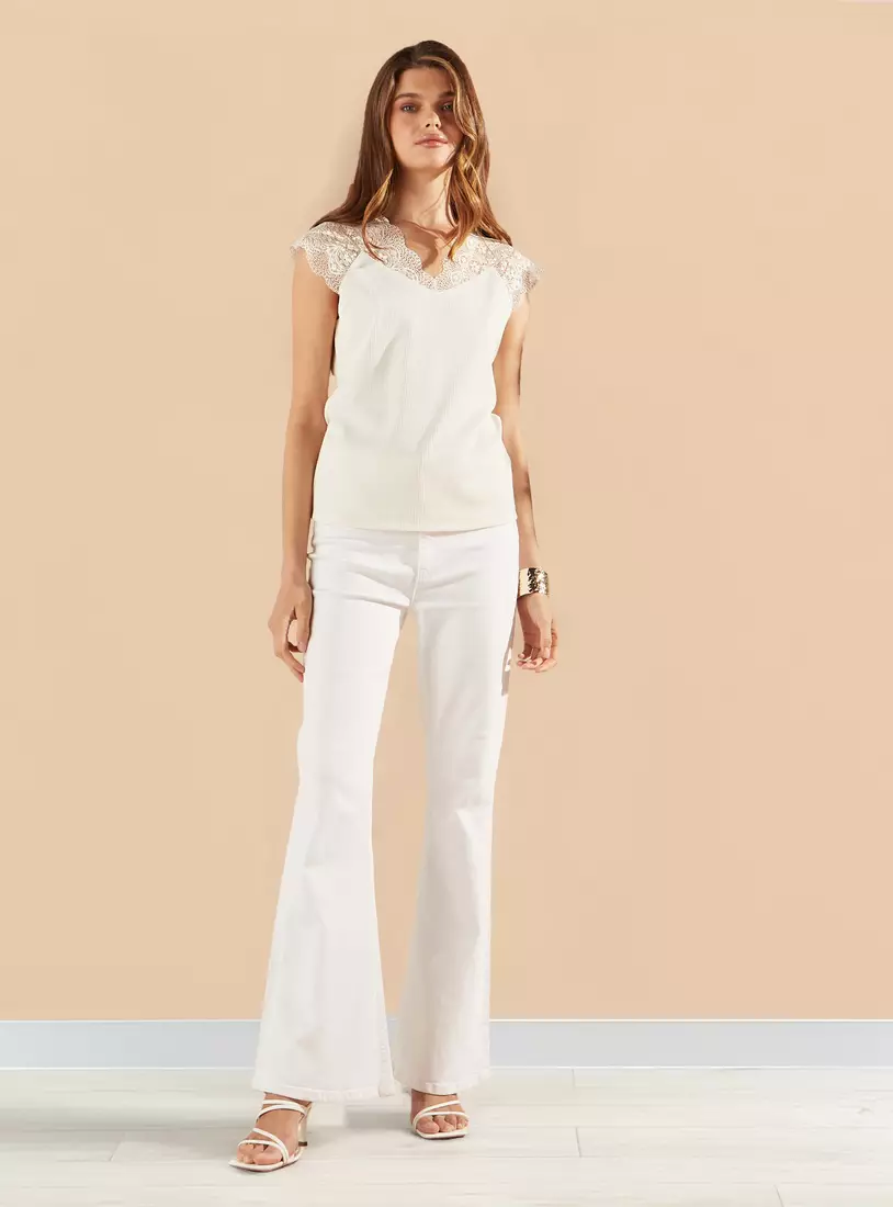 Ribbed V-neck Top with Lace-4