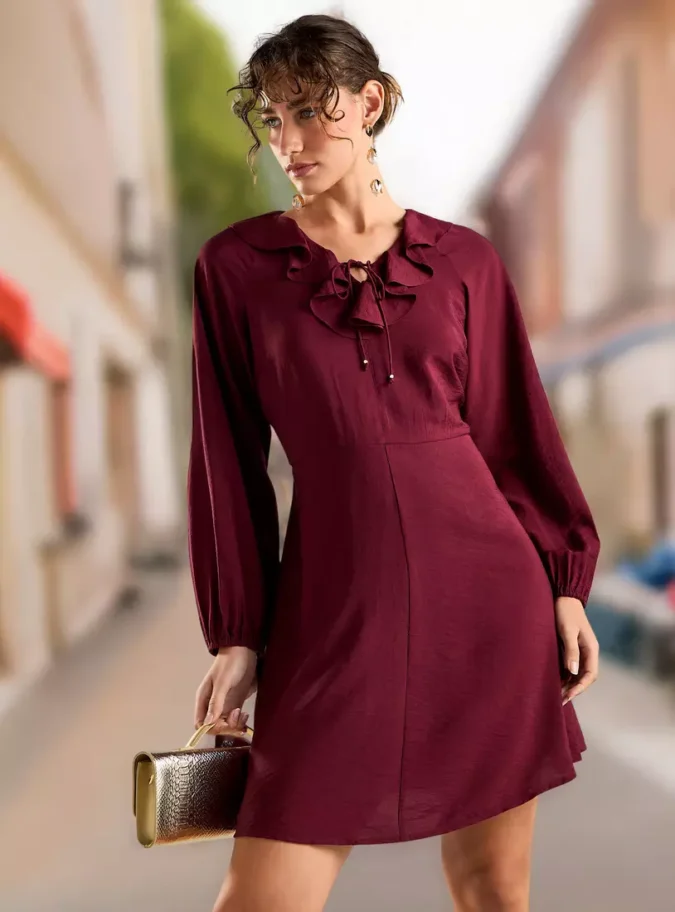 Ruffle Neck Tie Detail Dress-1