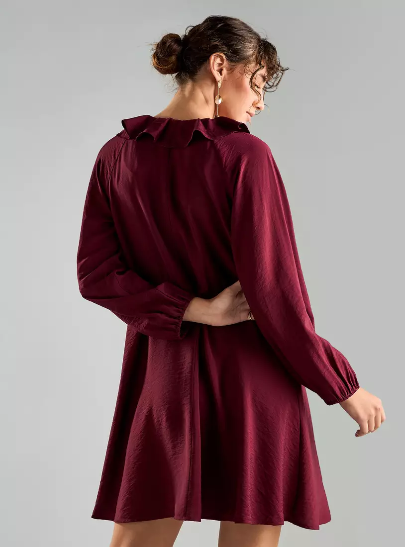 Ruffle Neck Tie Detail Dress-2