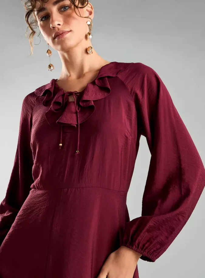 Ruffle Neck Tie Detail Dress-3