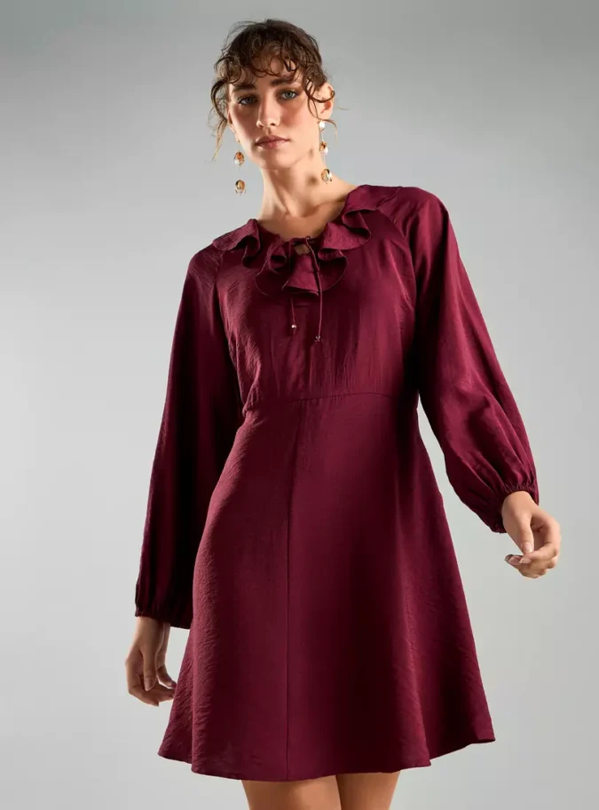 Ruffle Neck Tie Detail Dress-4