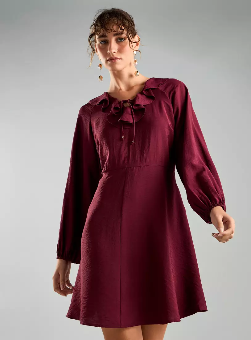 Ruffle Neck Tie Detail Dress-4