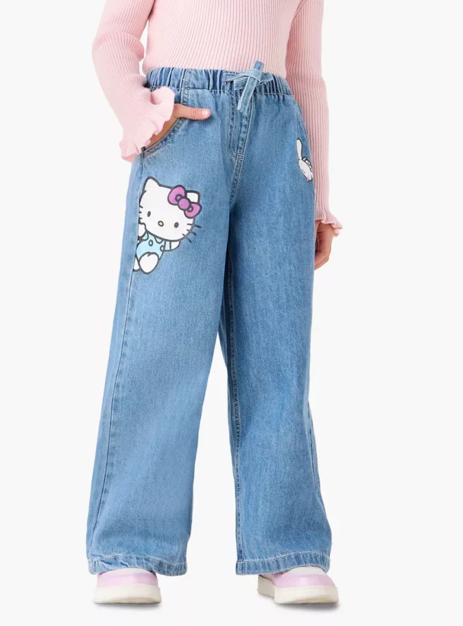 Sanrio Girls Jeans with Hello Kitty Print - Cotton - Drawstring Waist-1