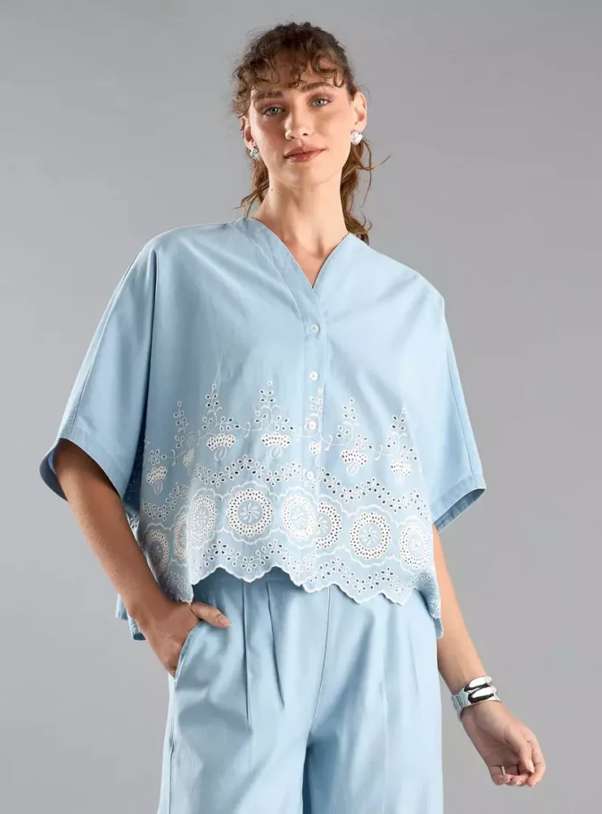 Schiffli Detail V-neck Shirt with Extended Sleeves-1