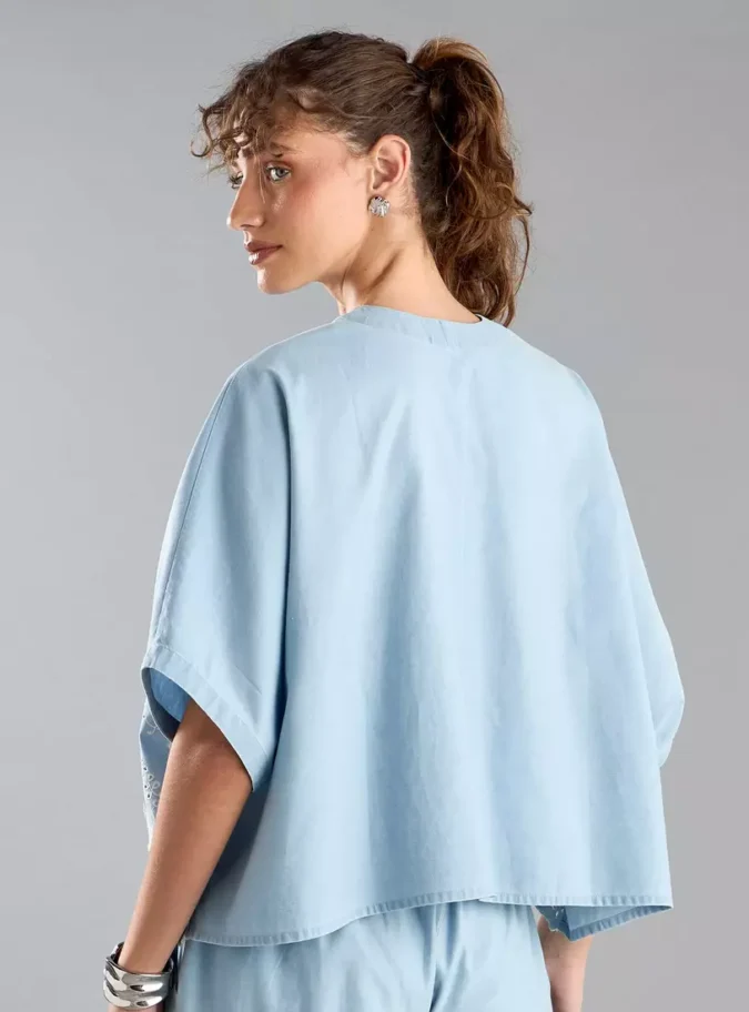 Schiffli Detail V-neck Shirt with Extended Sleeves-2