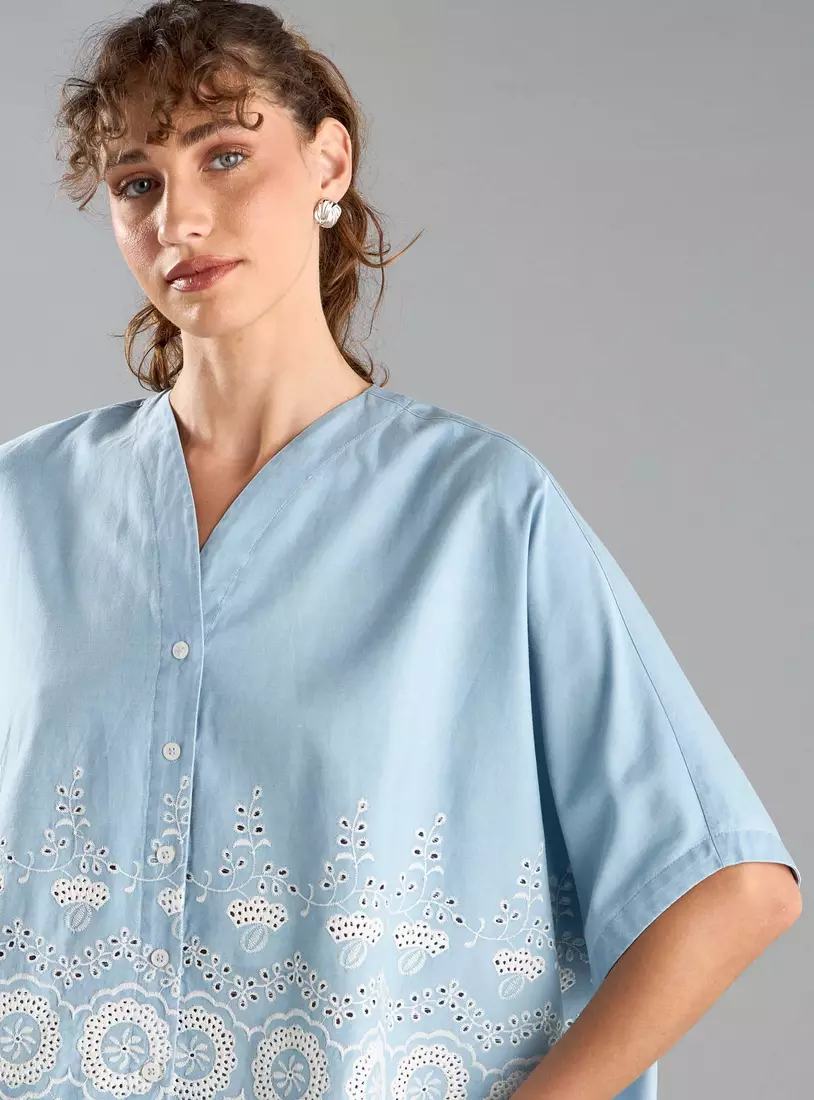 Schiffli Detail V-neck Shirt with Extended Sleeves-3