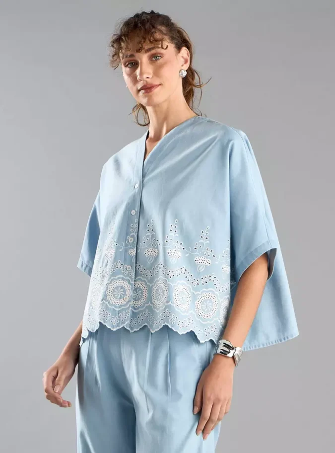 Schiffli Detail V-neck Shirt with Extended Sleeves-4