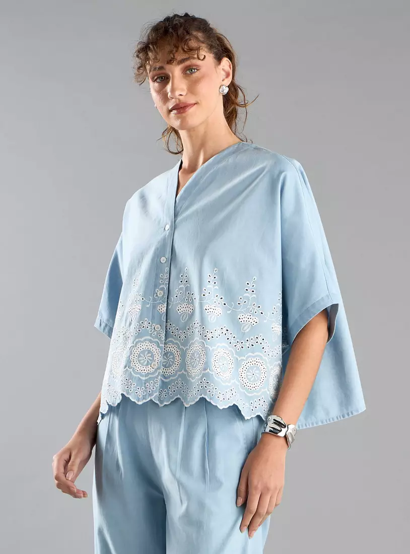 Schiffli Detail V-neck Shirt with Extended Sleeves-4