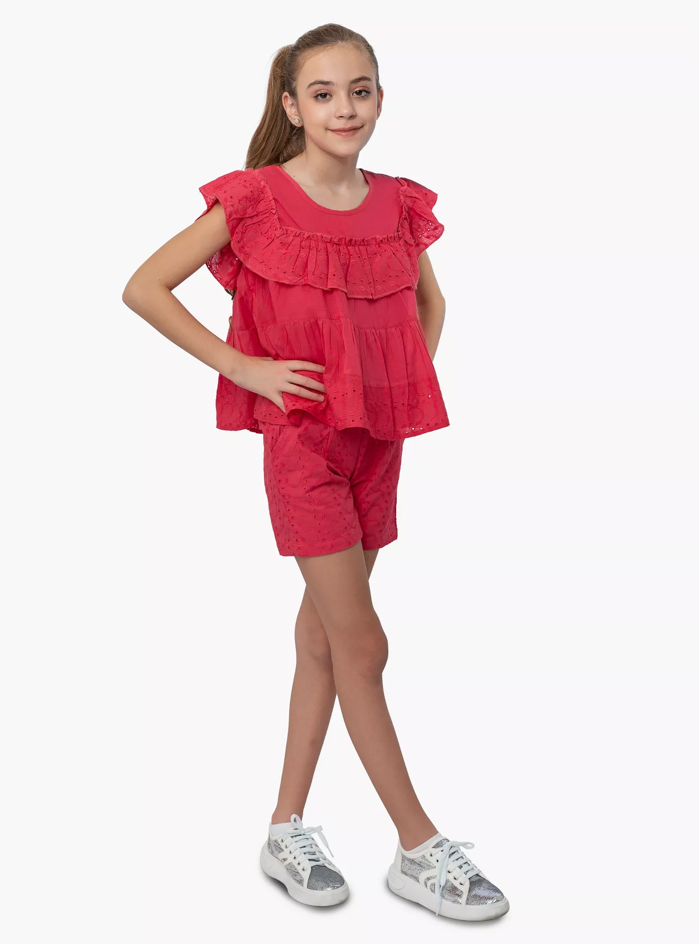 Schiffli Frilled Top with Short Sets-2