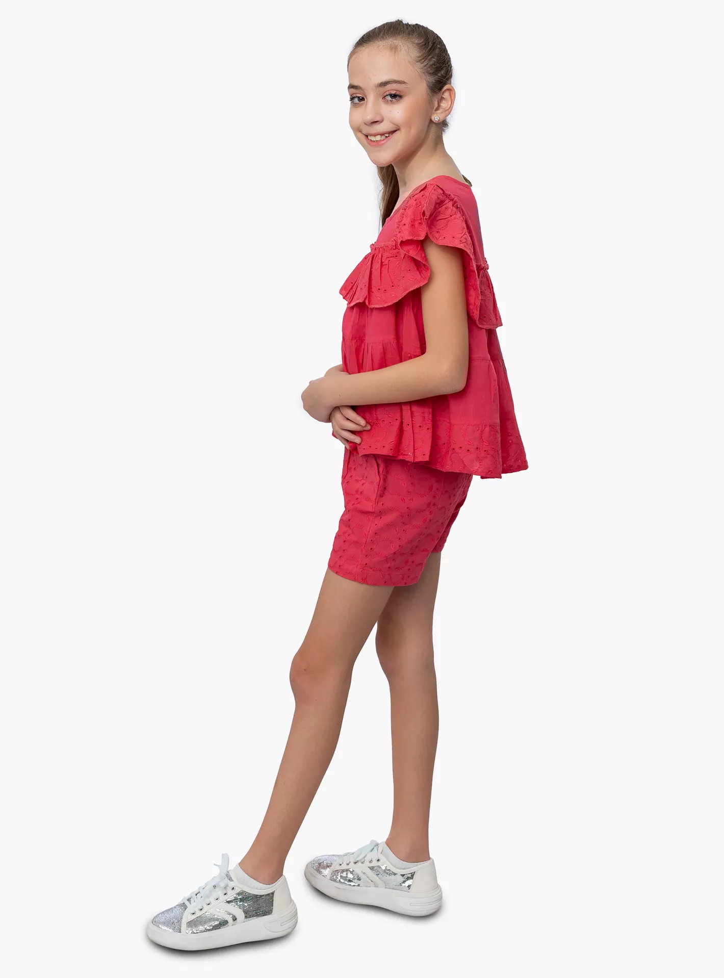 Schiffli Frilled Top with Short Sets-3