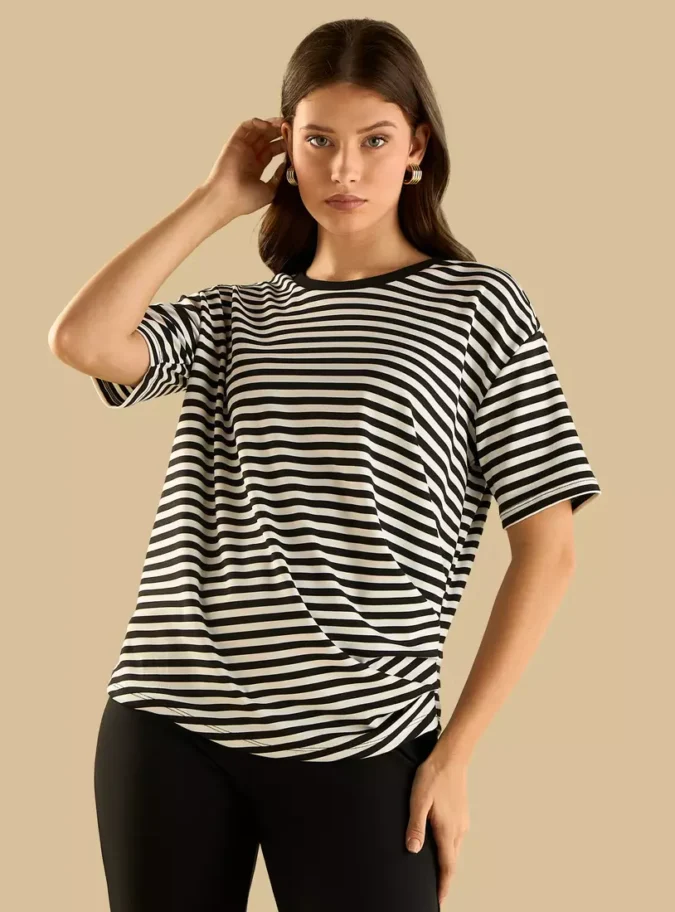 Striped T-shirt with Ruched Detail-1
