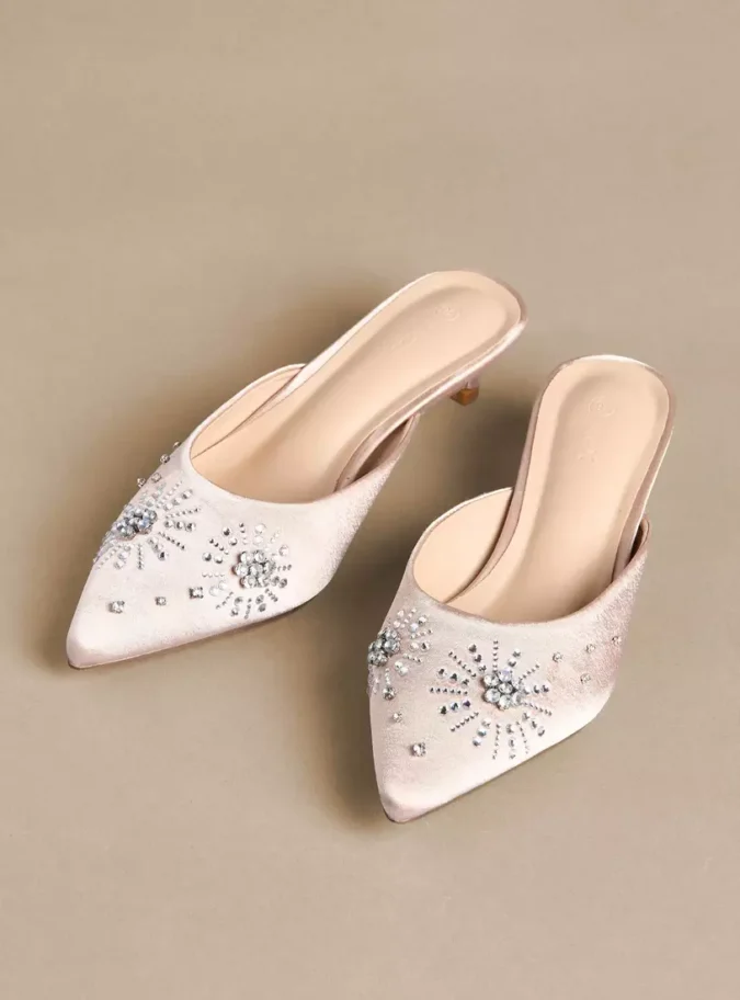 Studded Slip-On Pointed Toe Sandals with Kitten Heels-2
