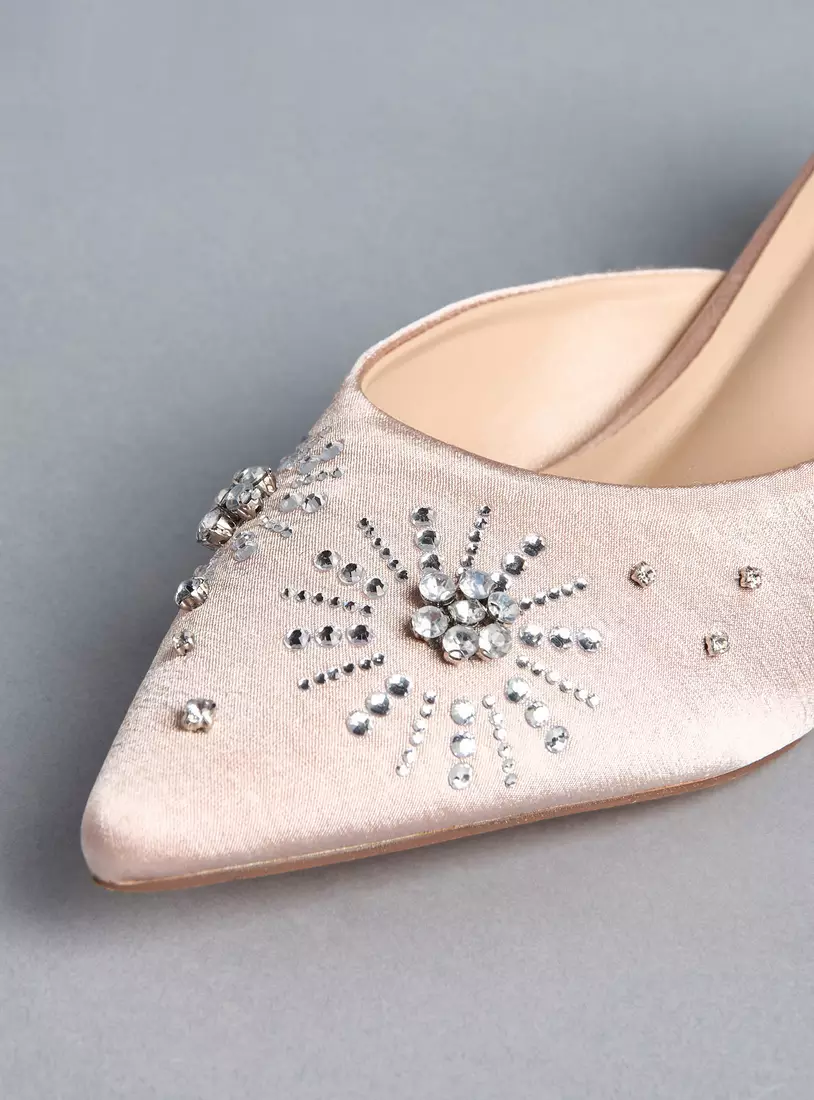 Studded Slip-On Pointed Toe Sandals with Kitten Heels-3