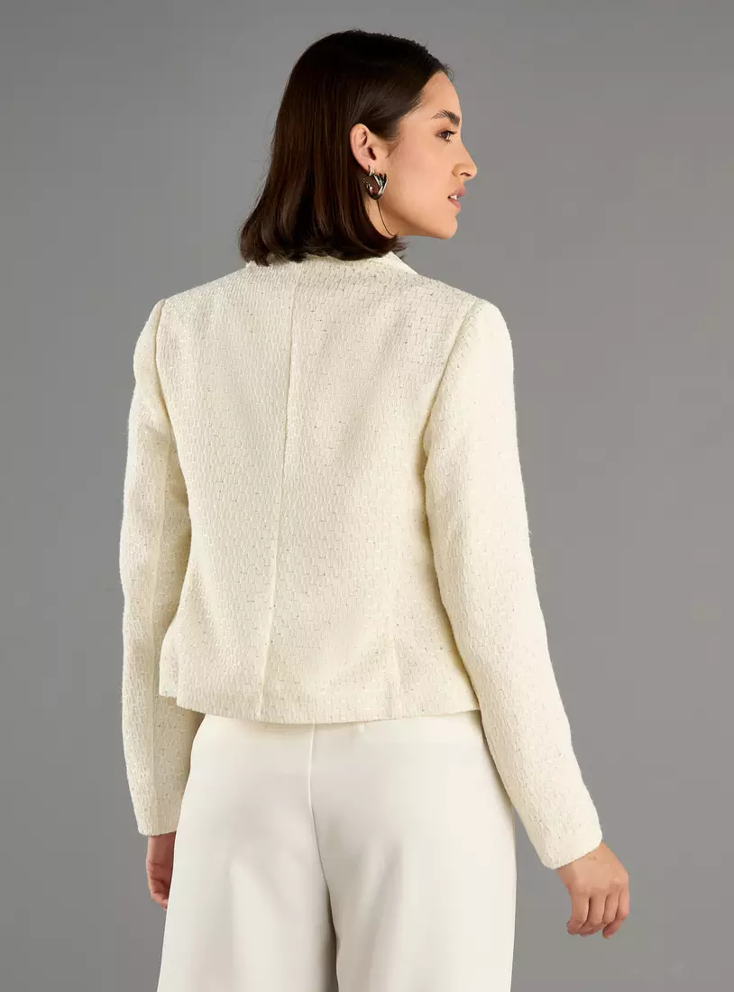 Textured Button Through Tweed Jacket with Long Sleeves-2