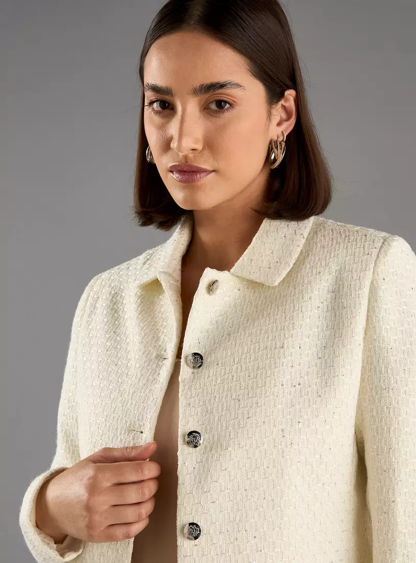 Textured Button Through Tweed Jacket with Long Sleeves-3