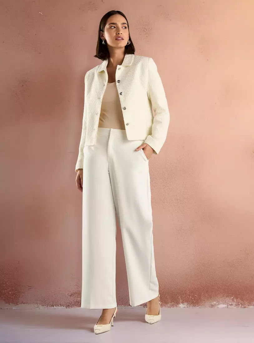 Textured Button Through Tweed Jacket with Long Sleeves-4