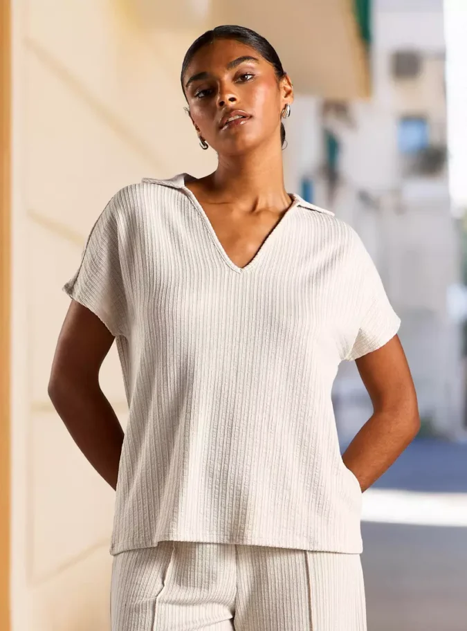 Textured Polo Drail Top-1