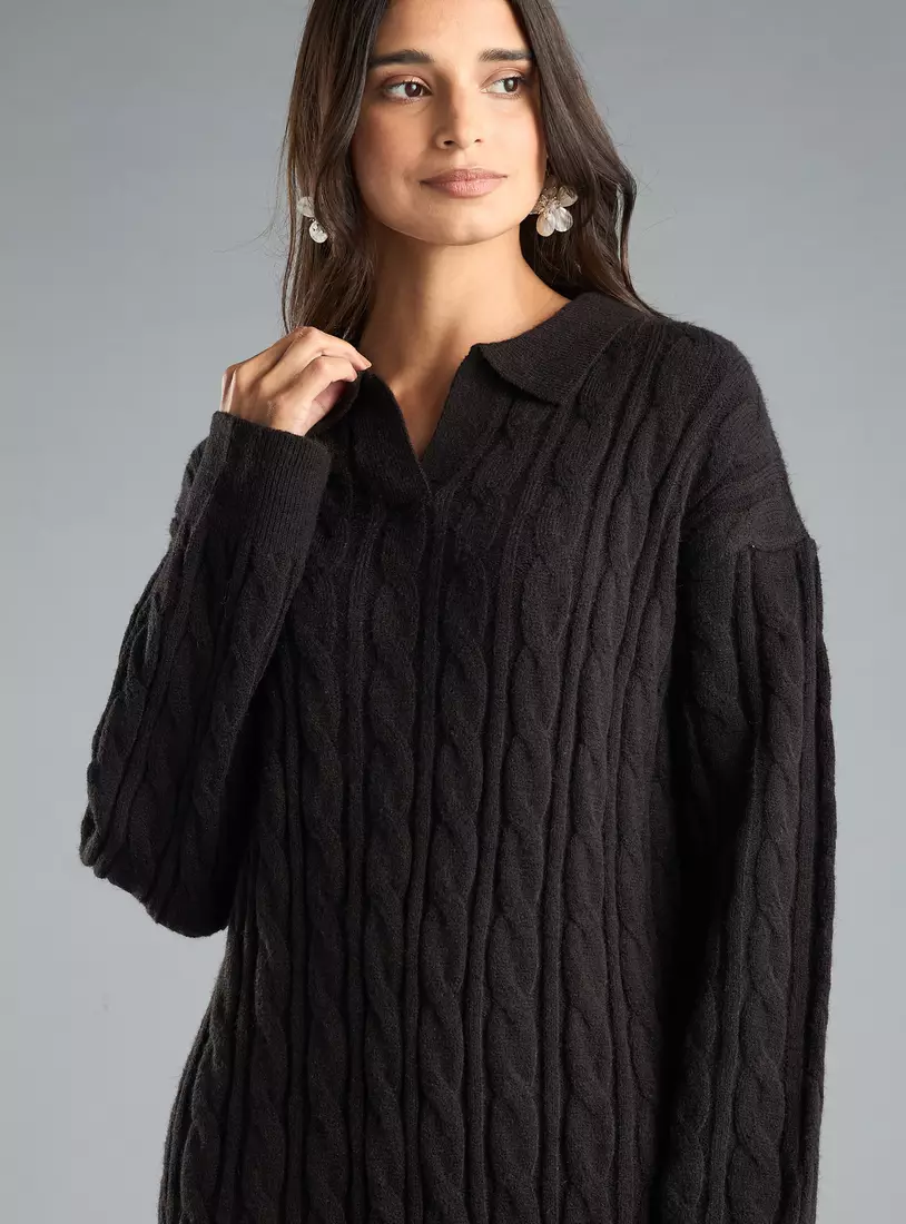 Textured Polo Sweater Dress-2