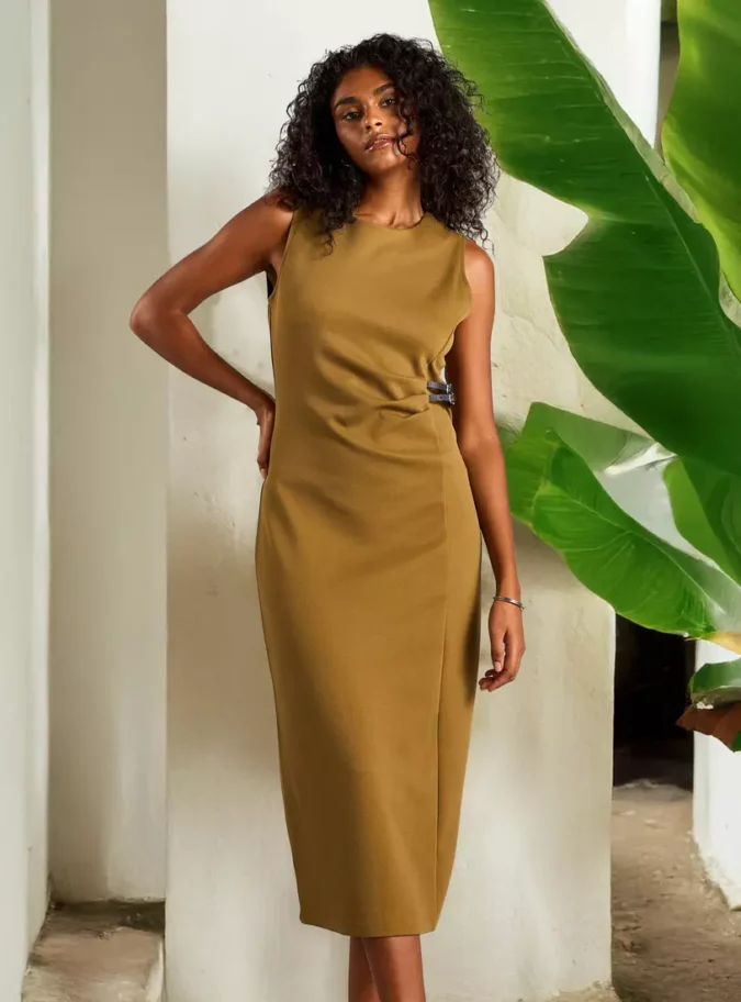 Textured Twill Sleeveless Midi Dress with Buckle Detail-1