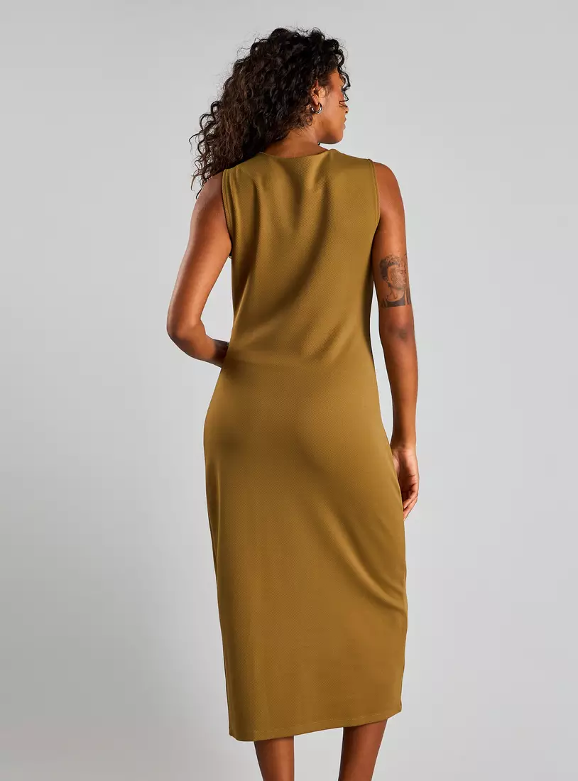 Textured Twill Sleeveless Midi Dress with Buckle Detail-2