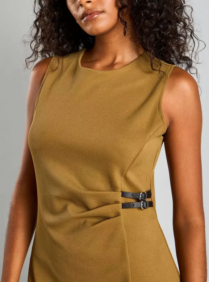 Textured Twill Sleeveless Midi Dress with Buckle Detail-3