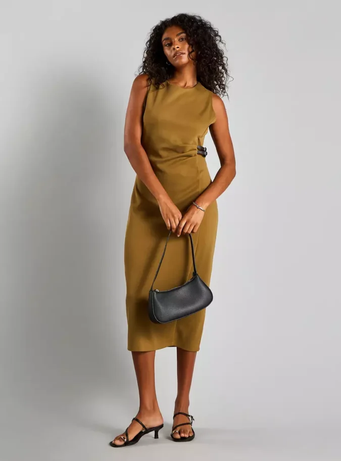 Textured Twill Sleeveless Midi Dress with Buckle Detail-4