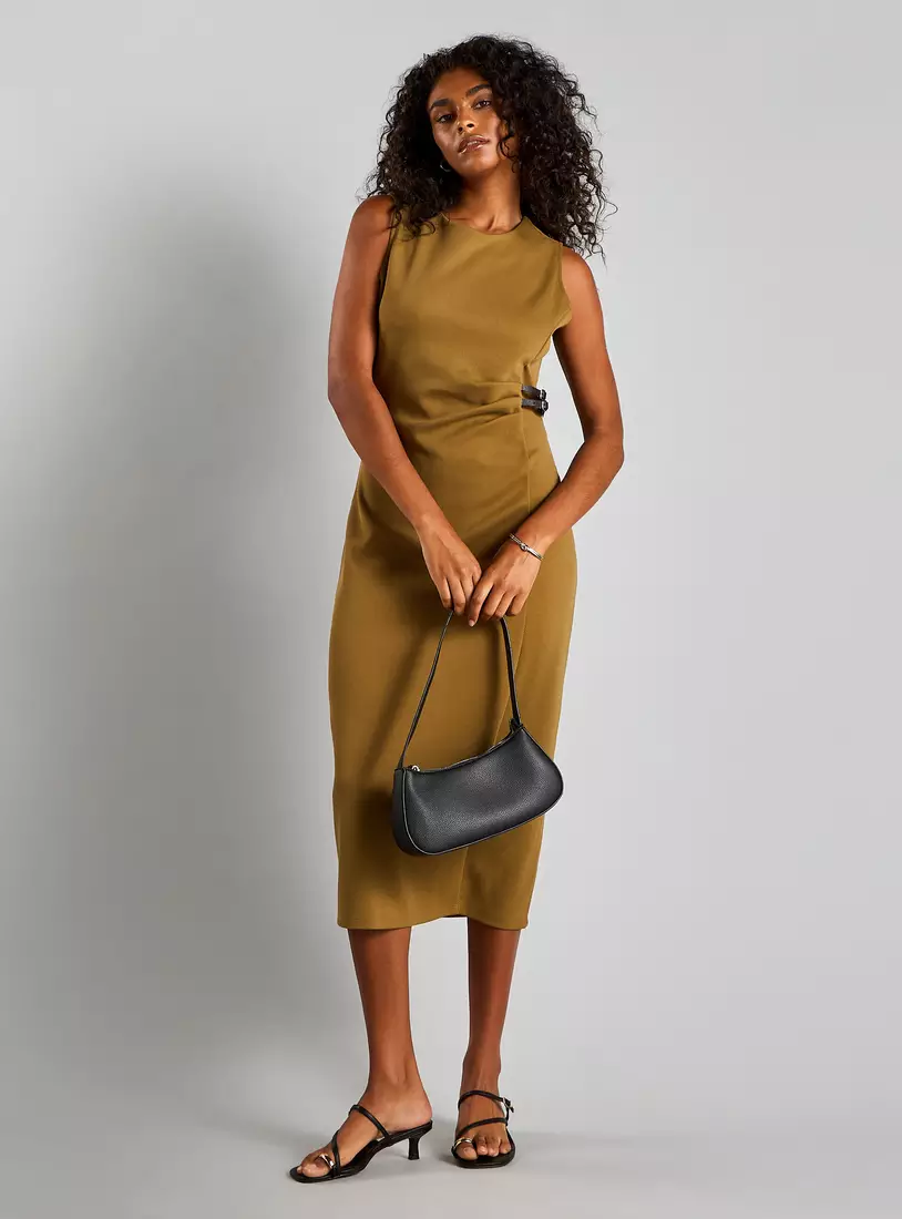 Textured Twill Sleeveless Midi Dress with Buckle Detail-4