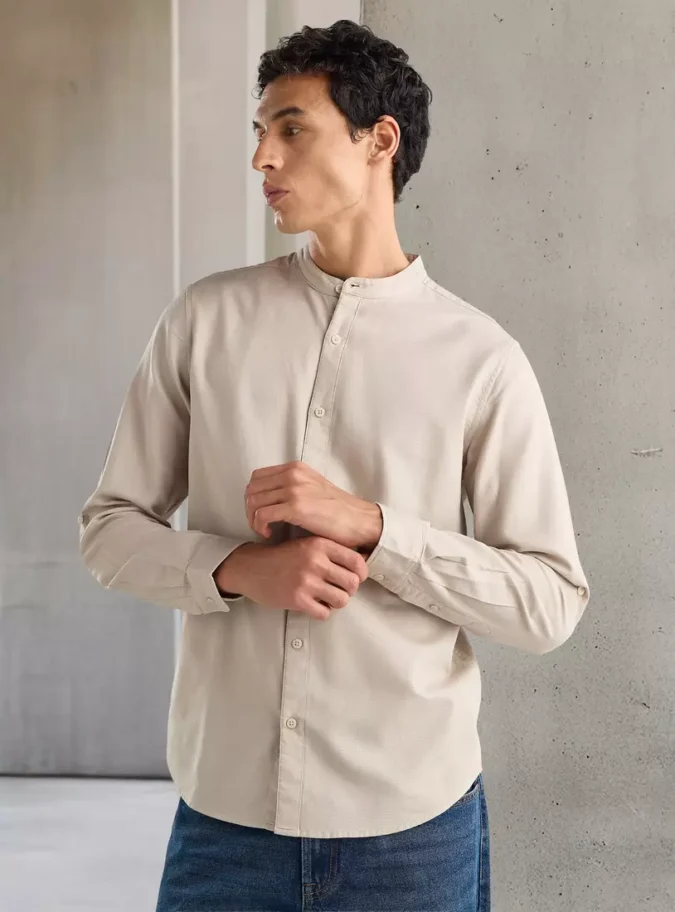 Waffle Textured Dobby Shirt with Mandarin Collar-1