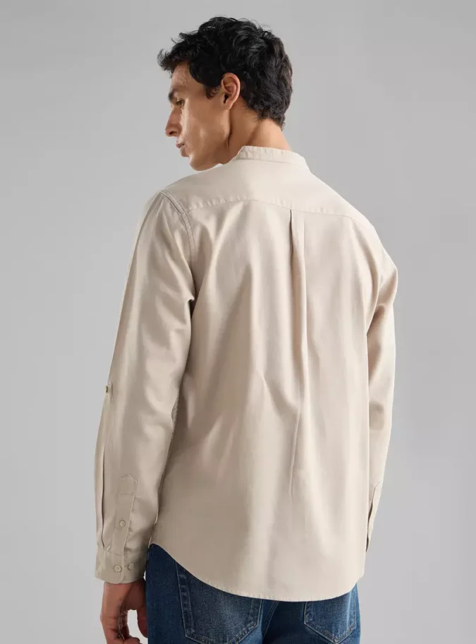 Waffle Textured Dobby Shirt with Mandarin Collar-2