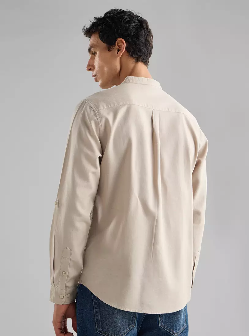 Waffle Textured Dobby Shirt with Mandarin Collar-2