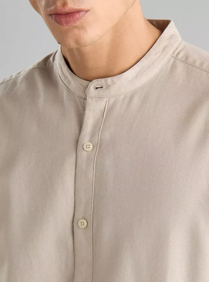 Waffle Textured Dobby Shirt with Mandarin Collar-3