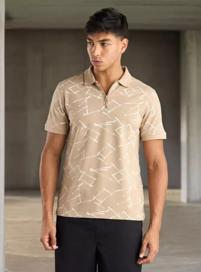 All-Over Print Pique Polo T-shirt with Short Sleeves-1