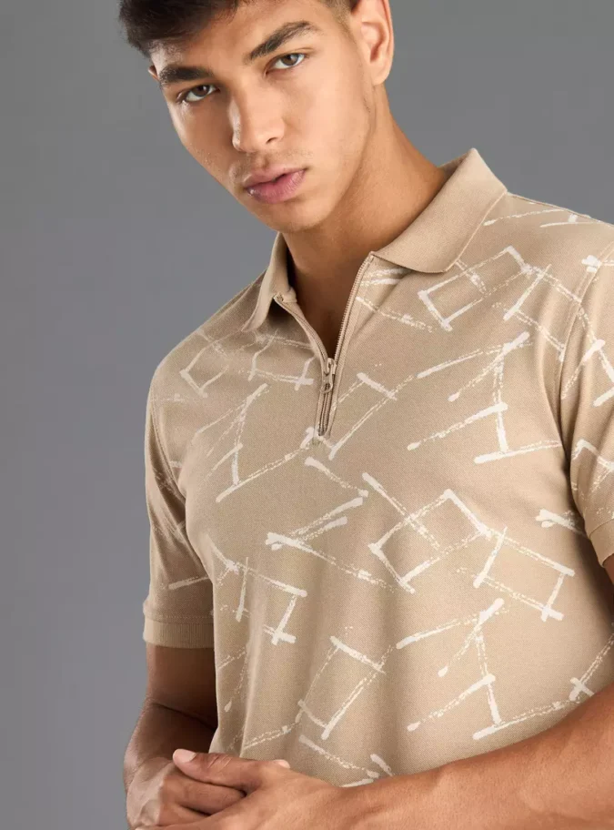 All-Over Print Pique Polo T-shirt with Short Sleeves-3