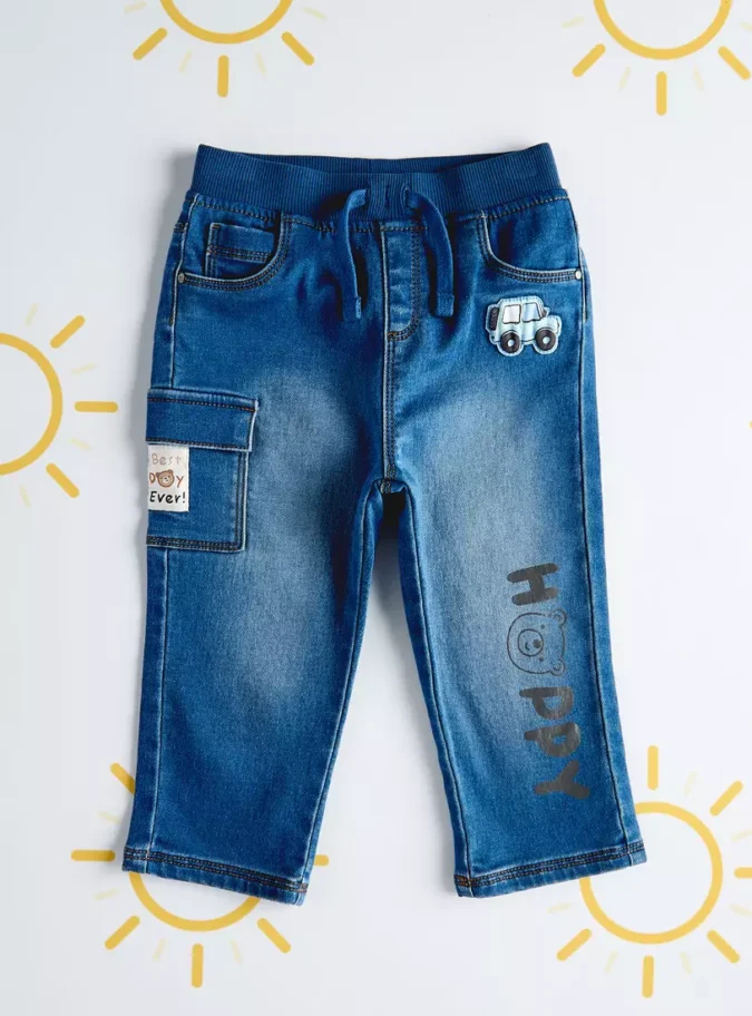 Bear Print Pull-On Denim Trousers-1
