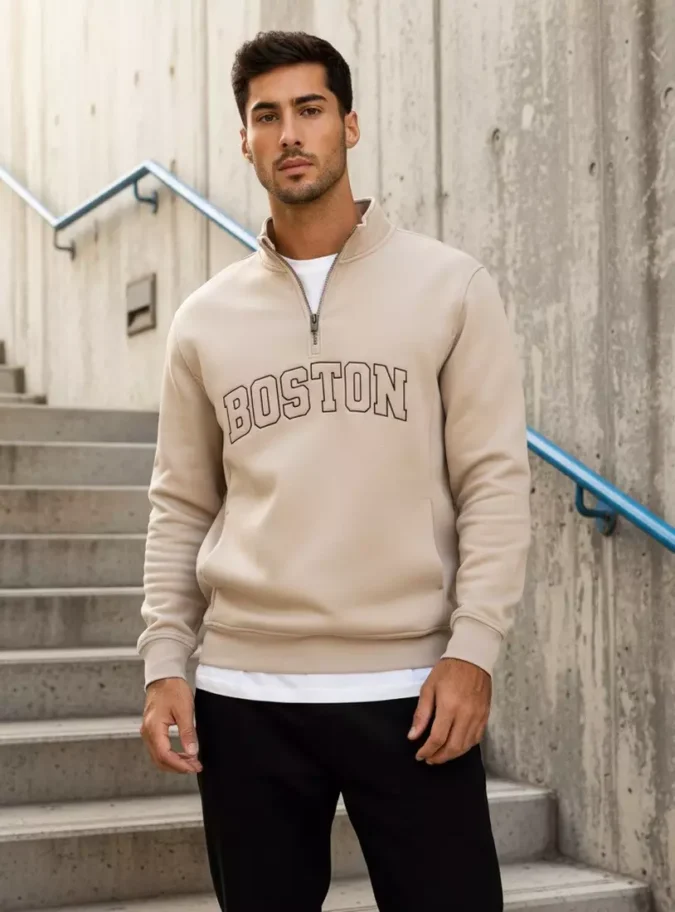 Boston Print High Neck Sweatshirt with Half Zip-1