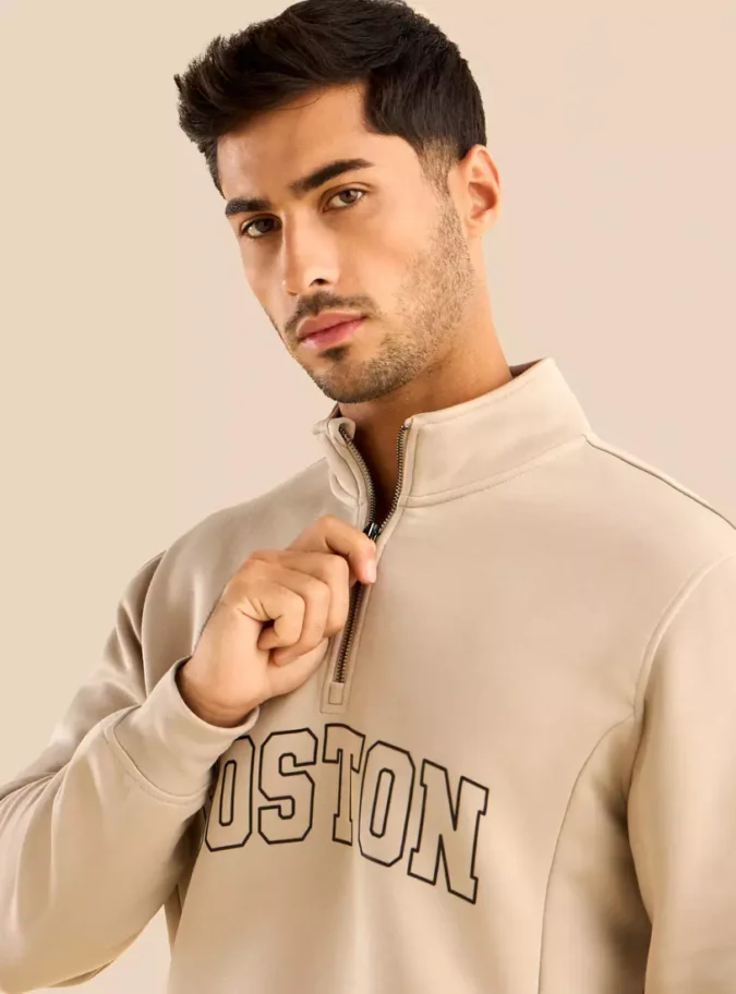 Boston Print High Neck Sweatshirt with Half Zip-3