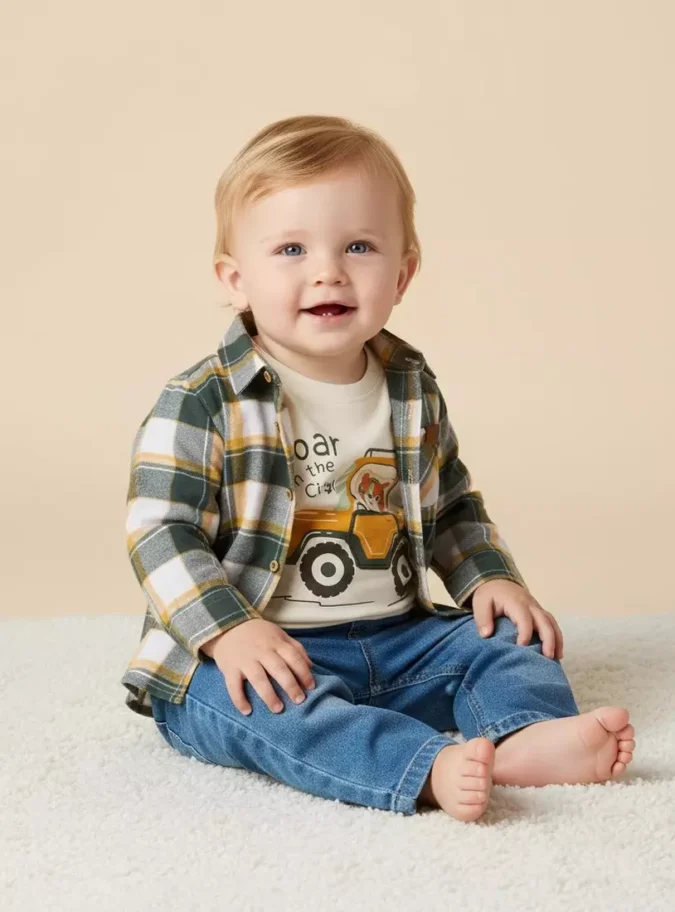 Checked Shirt and Printed T-shirt Set-1